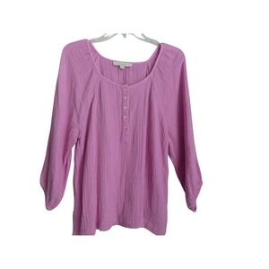 LOFT Women's Pink Cotton Gauze Henley Top Raglan Medium Popover Summer